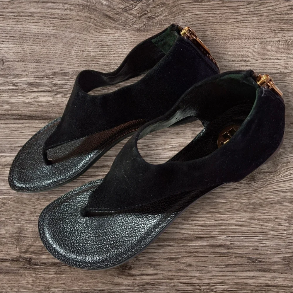 Tory Burch Black Leather Gladiator Heel Zipper Flat Thong Sandals Women Size 7.5